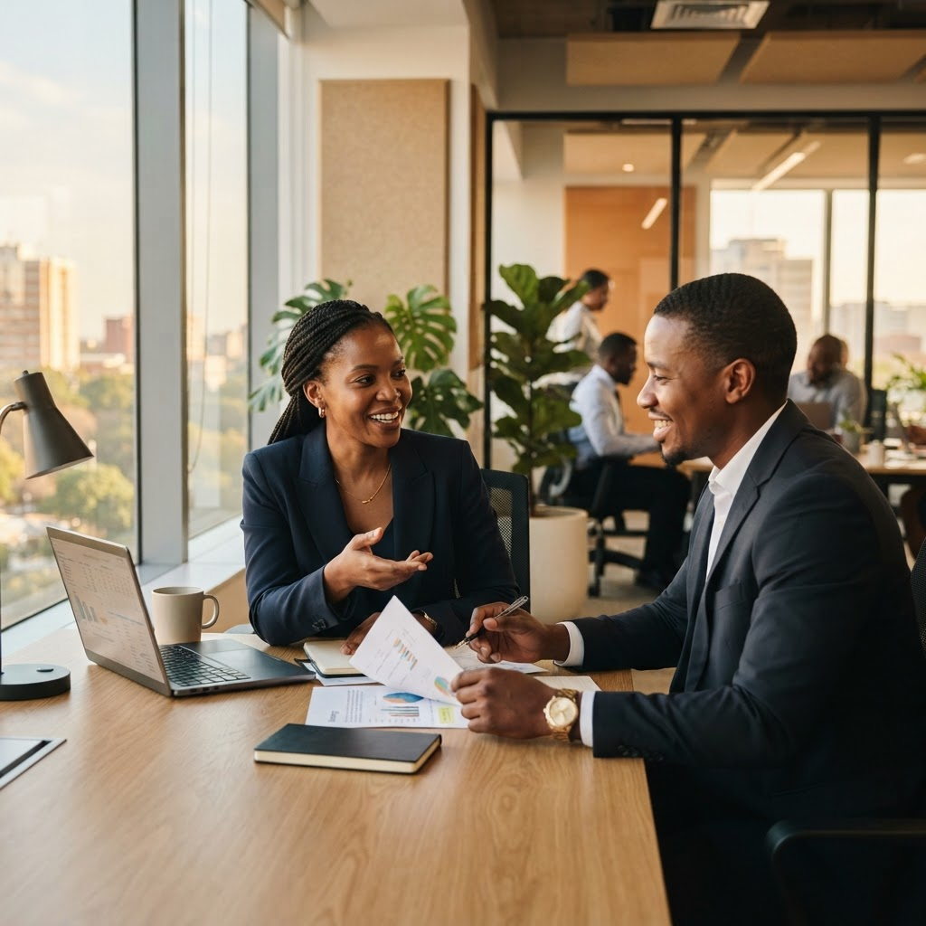 Soylent Group consultants meeting with a client in a Harare office